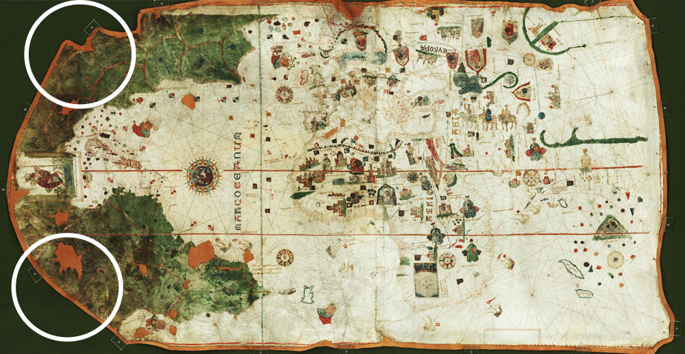 Şekil 2 1500 yılında sığır derisine çizilen Mapa de Juan de la Cosa 'daki daralan kısımlar. Kaynak: Museo Naval de Madrid